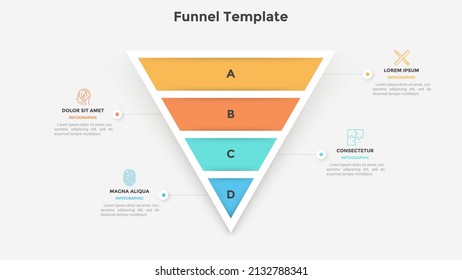 Funnel Chart Or Inverted Pyramid Divided Into Four Colorful Layers. Concept Of 4 Stages Of Business Growth. Simple Infographic Design Template. Modern Flat Vector Illustration For Data Visualization.