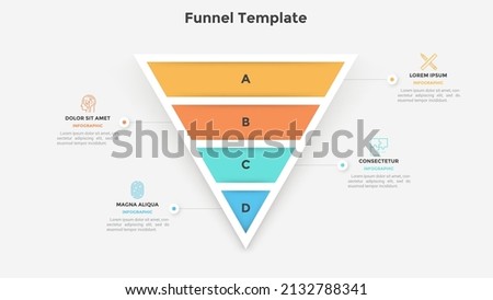Funnel chart or inverted pyramid divided into four colorful layers. Concept of 4 stages of business growth. Simple infographic design template. Modern flat vector illustration for data visualization.