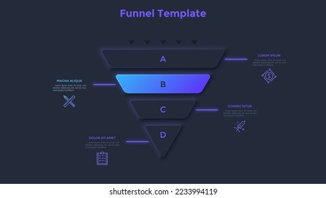 Funnel chart or inverted pyramid graph divided into four layers. Concept of business model with 4 levels. Dark neon infographic design template. Modern vector illustration for data visualization.