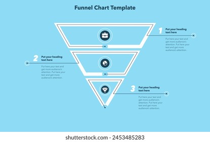 Funnel chart template with 3 sections - blue version. Creative diagram divided into three parts with minimalistic icons.