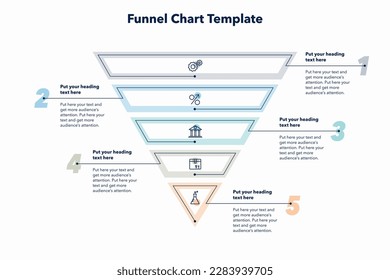 Funnel chart template with five colorful sections. Creative diagram divided into five steps with minimalistic icons.