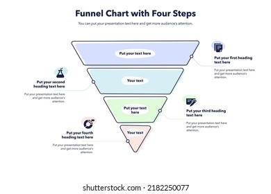 Funnel chart template with four colorful steps. Creative diagram divided into four steps with minimalistic icons.