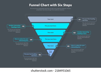 Funnel chart template with six steps - dark version. Slide for business presentation.