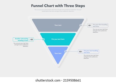 Funnel chart template with three colorful steps. Easy to use for your website or presentation.