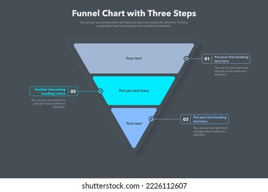 Funnel chart template with three steps - dark version. Slide for business presentation.