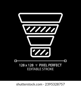 Funnel chart white linear icon for dark theme. Customer journey. Lead generation. Marketing research. Conversion optimization. Thin line illustration. Isolated symbol for night mode. Editable stroke