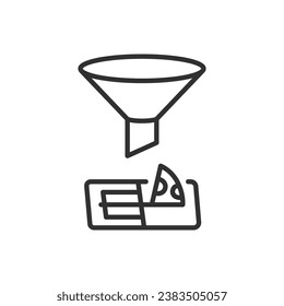 Funnel and cheese in a mousetrap, linear icon. Fraud in sales. Line with editable stroke