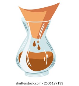 Funnel coffee, paper filter, steam, glass pot. Kitchen device, for making, brewing coffee drink beverage. Vector illustration of pour over coffee brewing process. Isolated objects on white.