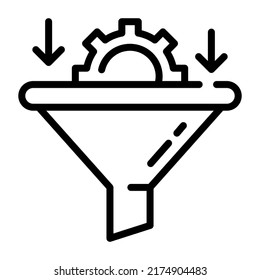 Embudo con cog y flechas, icono lineal de conversión de datos 

