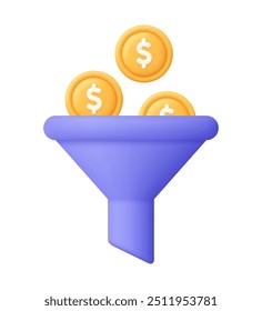 Embudo y monedas con signo de dólar. Filtrar de dinero. Marketing online, inversión digital, ventas, finanzas y concepto de negocio. Icono de Vector 3D. Estilo minimalista de dibujos animados.