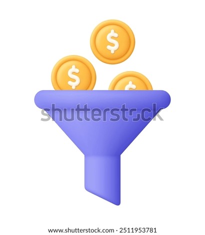 Funnel and coins with dollar sign. Money filter. Online marketing, digital investment, sales, finance and business concept. 3d vector icon. Cartoon minimal style.