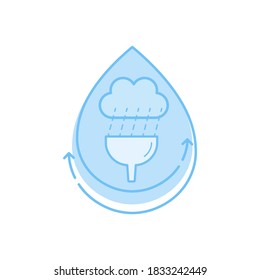 Funnel Collecting Rainwater Icon Inside Water Drop With Reuse Arrow. Rainwater Harvesting And Reuse Symbol. Vector Illustration Outline Flat Design Style. 