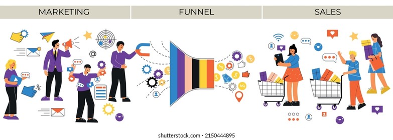 Funnel composition with text and flat isolated icons characters of marketing and sales teams exchanging data vector illustration