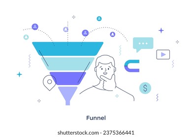  Funnel concept linear vector illustration. Customer journey to purchase visualization. Marketing tools cartoon composition for web design. Creative idea for website, mobile, presentation