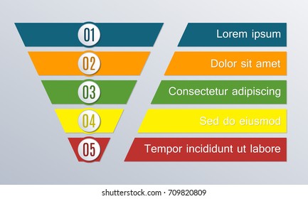 Funnel or cone infographics. Business pyramid with 5 steps, options or levels. Marketing and sales layout. Vector illustration.