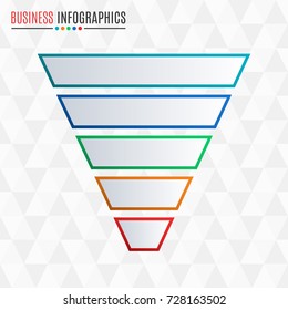 Funnel or cone symbol. Business pyramid with 5 steps, options or levels. Marketing and sales infograph layout. Vector illustration.