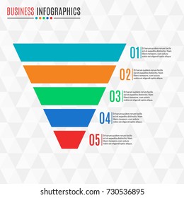 Símbolo de embudo o cono. Pirámide empresarial con 5 pasos, opciones o niveles. Elemento de diseño de marketing y ventas. Ilustración vectorial.