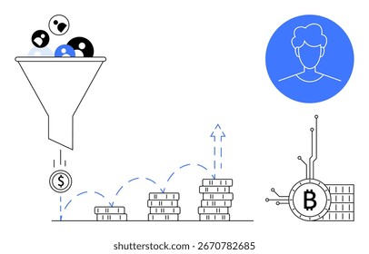 Un embudo convierte la demografía de los usuarios en monedas, simbolizando el crecimiento financiero. Un avatar contrasta con monedas apiladas. Ideal para marketing digital, criptomonedas, finanzas, conversión de usuarios, económico