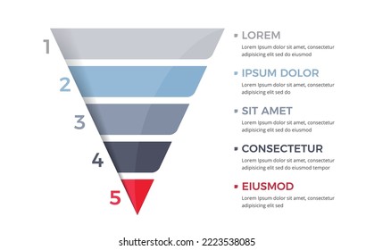 Funnel-Diagramm mit 5 Elementen, Infografik-Vorlage für Web, Business, Präsentationen, Vektoreps10 Illustration