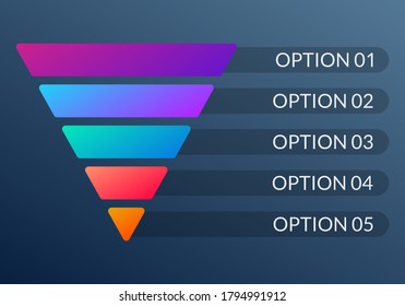 Funnel diagram with 5 steps. Marketing pyramid or sales conversion cone. Business infographic template. Vector illustration.