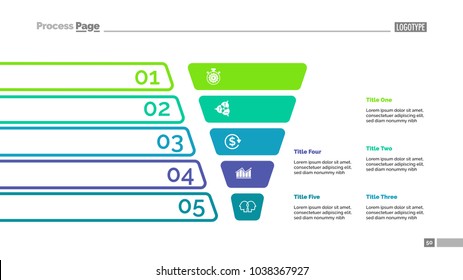 Funnel diagram with five steps. Process chart, slide template. Creative concept for infographics, presentation, project, report. Can be used for topics like business, planning, management