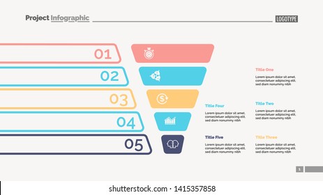 Funnel diagram with five steps. Process chart, slide template. Creative concept for infographics, presentation, project, report. Can be used for topics like business, planning, management
