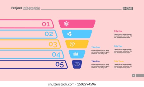 Funnel diagram with five steps. Process chart, slide template. Creative concept for presentation report infographic template. Can be used for topics like business, planning, management