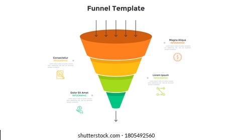 Funnel Diagram With Four Colorful Layers Or Levels. Concept Of 4 Steps Of Filtering Process. Simple Infographic Design Template. Modern Flat Vector Illustration For Business Information Visualization.