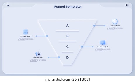 Funnel diagram or inverted pyramid chart divided into four layers. Concept of sales model with 4 levels. Simple infographic design template. Modern neumorphic vector illustration for presentation.