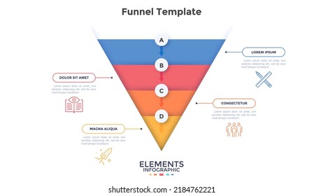 Funnel Diagram Or Inverted Pyramid Graph Divided Into Four Colorful Layers. Concept Of Business Model With 4 Levels. Minimal Infographic Design Template. Modern Flat Vector Illustration For Banner.