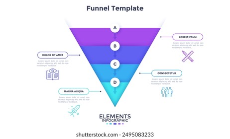 Trichterdiagramm oder umgekehrter Pyramidengraph, der in vier farbige Schichten unterteilt ist. Konzept des Geschäftsmodells mit 4 Ebenen. Minimale infografische Design-Vorlage. Moderne flache Vektorillustration zum Banner.