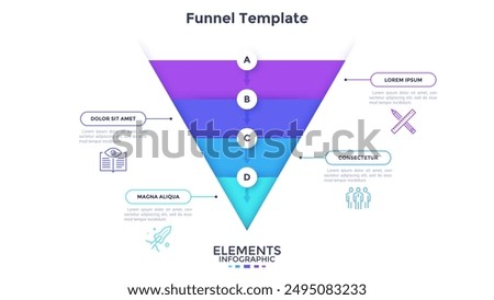 Funnel diagram or inverted pyramid graph divided into four colorful layers. Concept of business model with 4 levels. Minimal infographic design template. Modern flat vector illustration for banner.