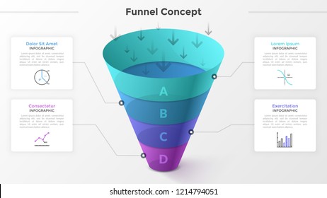 Funnel divided into 4 colorful parts, linear symbols and place for text. Concept of four stages of startup development. Modern infographic design template. Vector illustration for presentation