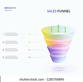 Funnel divided into 4 colorful parts, linear symbols and place for text. Concept of four stages of startup development. Modern infographic design template. Vector illustration for presentation