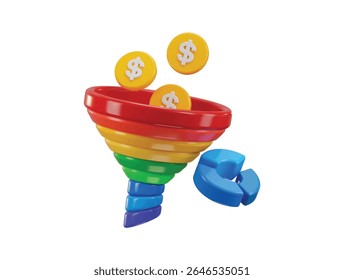 Funil e moeda de dólar com ícone de gráfico de pizza conceito de renderização 3d de Marketing e Visuais de Filtragem de Dados para ilustração de vetor de negócios