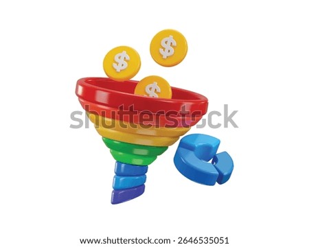 Funnel and dollar coin with pie chart icon 3d render concept of Marketing and Data Filtering Visuals for business vector illustration