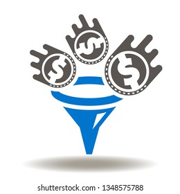 Funnel dollar coins flow icon vector. Sales funnel marketing logo. Transformation financial filter illustration.