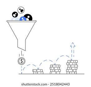 Um funil preenchido com diversos filtros de entrada em uma moeda de dólar, que salta e empilha em pilhas de moedas mais altas. Ideal para finanças, investimento, marketing, crescimento da empresa, análise de dados.