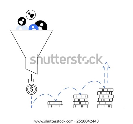 A funnel filled with diverse inputs filters into a dollar coin, which bounces and stacks into higher coin piles. Ideal for finance, investment, marketing, business growth, data analysis.