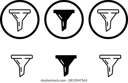 Funnel filter icon collection with circular and standalone versions, black and outline styles, minimalist data sorting concept flat vector illustration