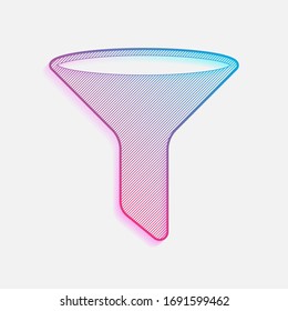 Trichter- oder Filtersymbol. Farbiges Logo mit diagonalen Linien und blauem Farbverlauf. Neongrafik, Lichteffekt