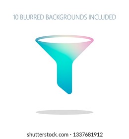 funnel or filter icon. Colorful logo concept with simple shadow on white. 10 different blurred backgrounds included