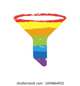 funnel or filter icon. Drawing sign with LGBT style, seven colors of rainbow (red, orange, yellow, green, blue, indigo, violet