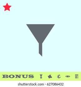 Funnel filter icon flat. Grey pictogram on blue background. Vector illustration symbol and bonus buttons medal, cow, earth, eye, calculator