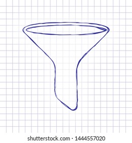funnel or filter icon. Hand drawn picture on paper sheet. Blue ink, outline sketch style. Doodle on checkered background