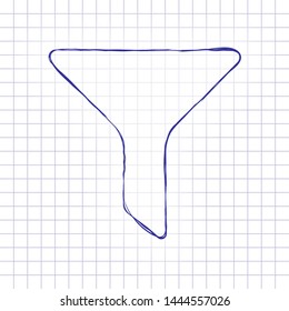 funnel or filter icon. Hand drawn picture on paper sheet. Blue ink, outline sketch style. Doodle on checkered background