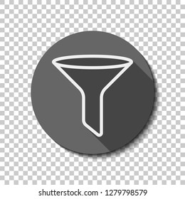 funnel or filter, linear outline icon. flat icon, long shadow, circle, transparent grid. Badge or sticker style