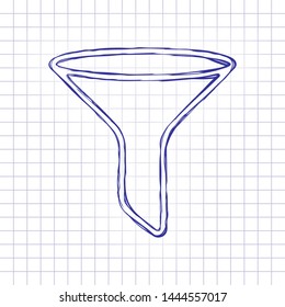 funnel or filter, linear outline icon. Hand drawn picture on paper sheet. Blue ink, outline sketch style. Doodle on checkered background
