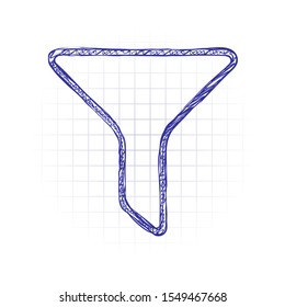 funnel or filter, linear outline icon. Hand drawn sketched picture with scribble fill. Blue ink. Doodle on white background