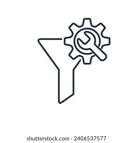 Funnel filter and settings mechanism for selecting and sorting new data.  Vector linear icon illustration isolated on white background.